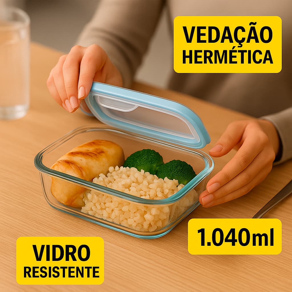 Marmita Vidro 1.040ml Tampa Hermética Trava | Vai ao Micro-ondas, Forno, Freezer e Lava-louças