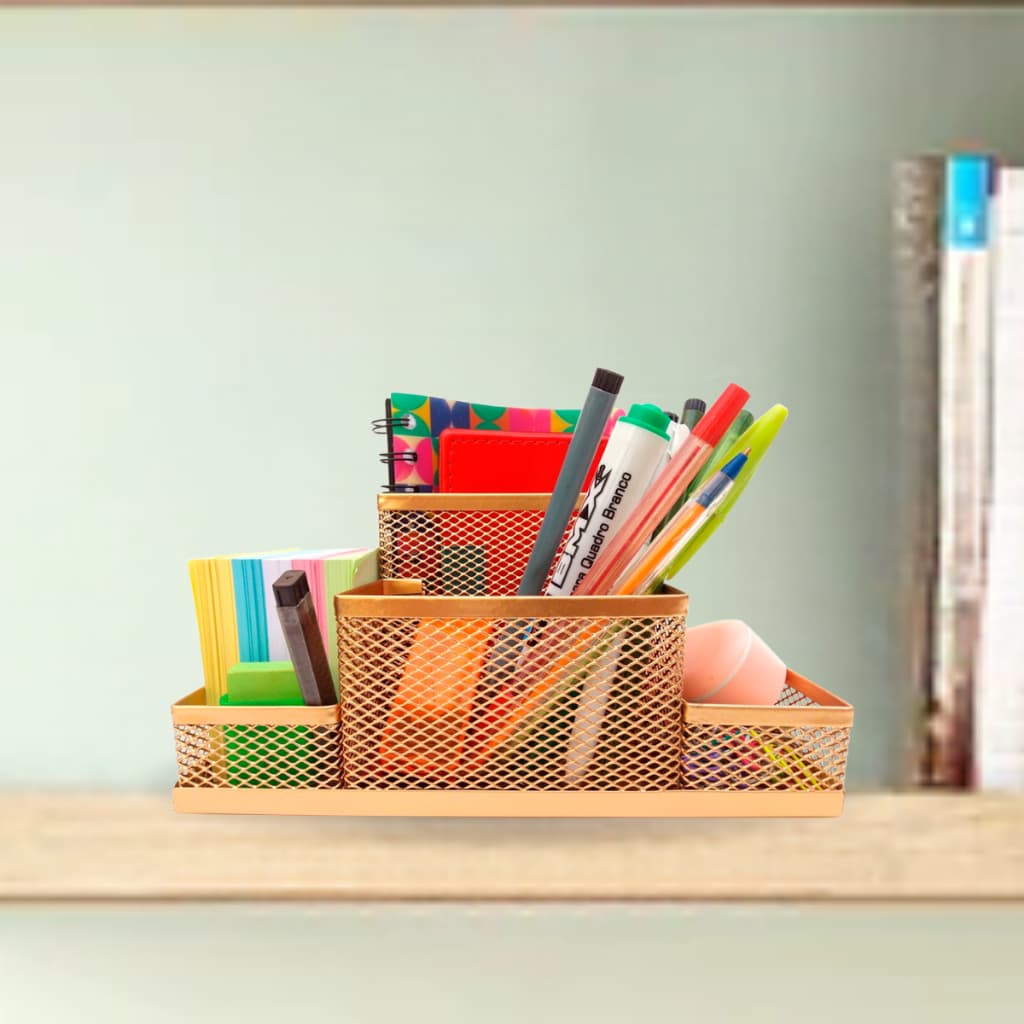 Kit Organizador de Mesa Porta Caneta Lapis Treco Dourado com 4 Partes para Home Office Escritório