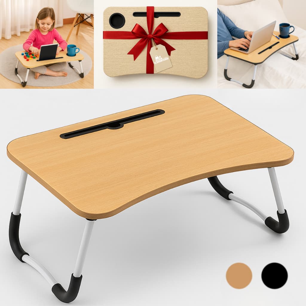 Mesa Dobrável Para Notebook Suporte Ajustável Multiuso Cor Preto e Marrom Claro