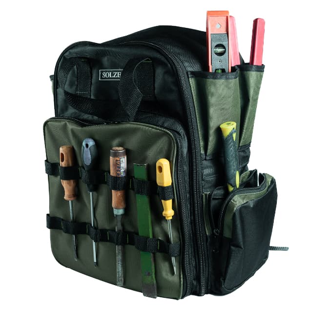 Mochila Grande para Ferramentas Verde e Preto Solze com 36 bolsos, grande espaçosa em lona impermeável e resistente.