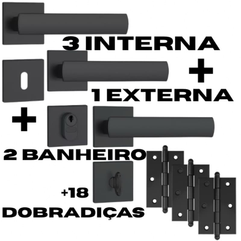 Kit 3 Fechaduras Internas + 2 Fechaduras Banheiro + 1 Fechadura Externa Stam + 18 Dobradiças Preto Fosco