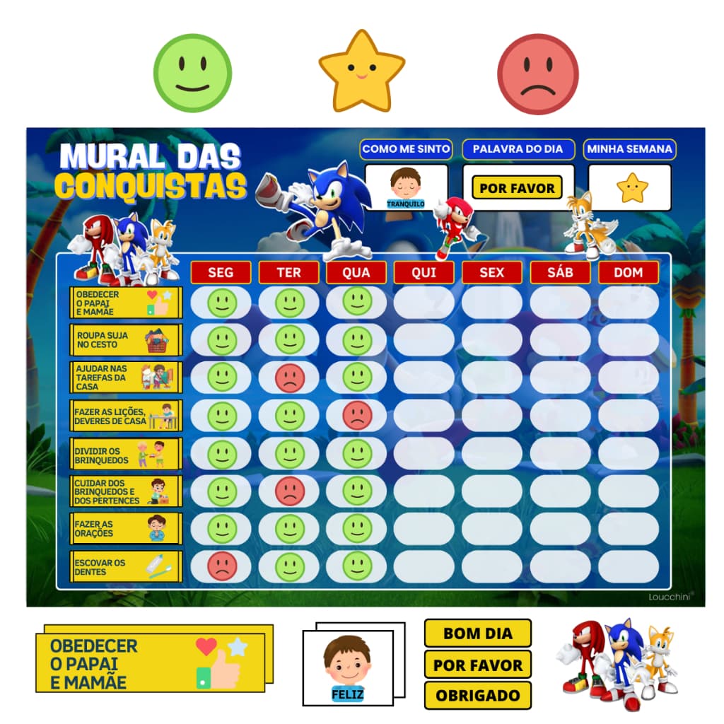 Mural das Conquistas Infantil – Tema Sonic – Quadro Magnético Para Geladeira 22x30 cm