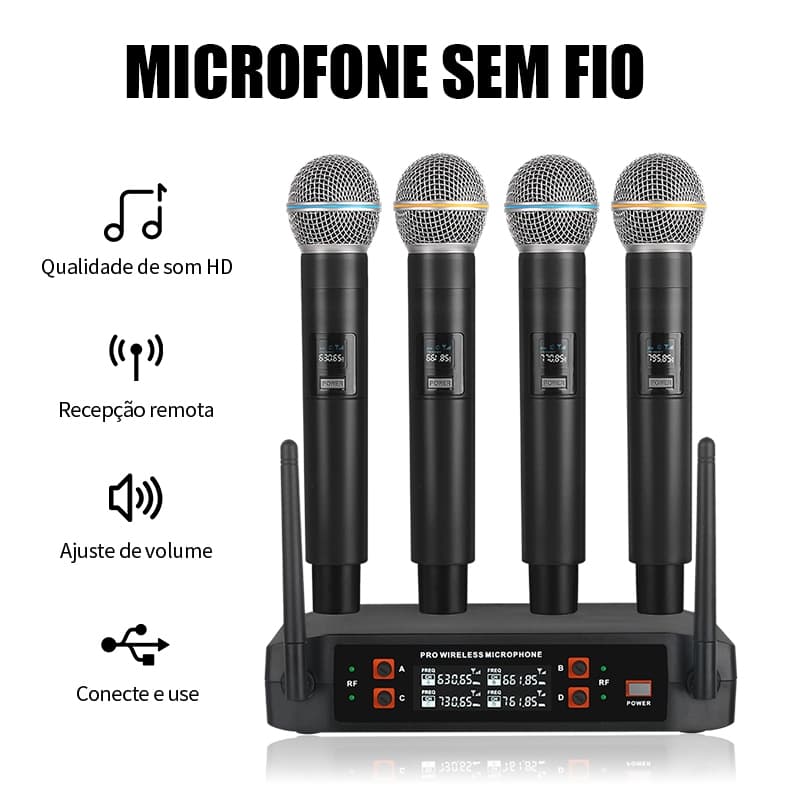 Microfone Sem Fio de 4 canais Microfone UHF portátil duplo Microfone profissional para karaokê