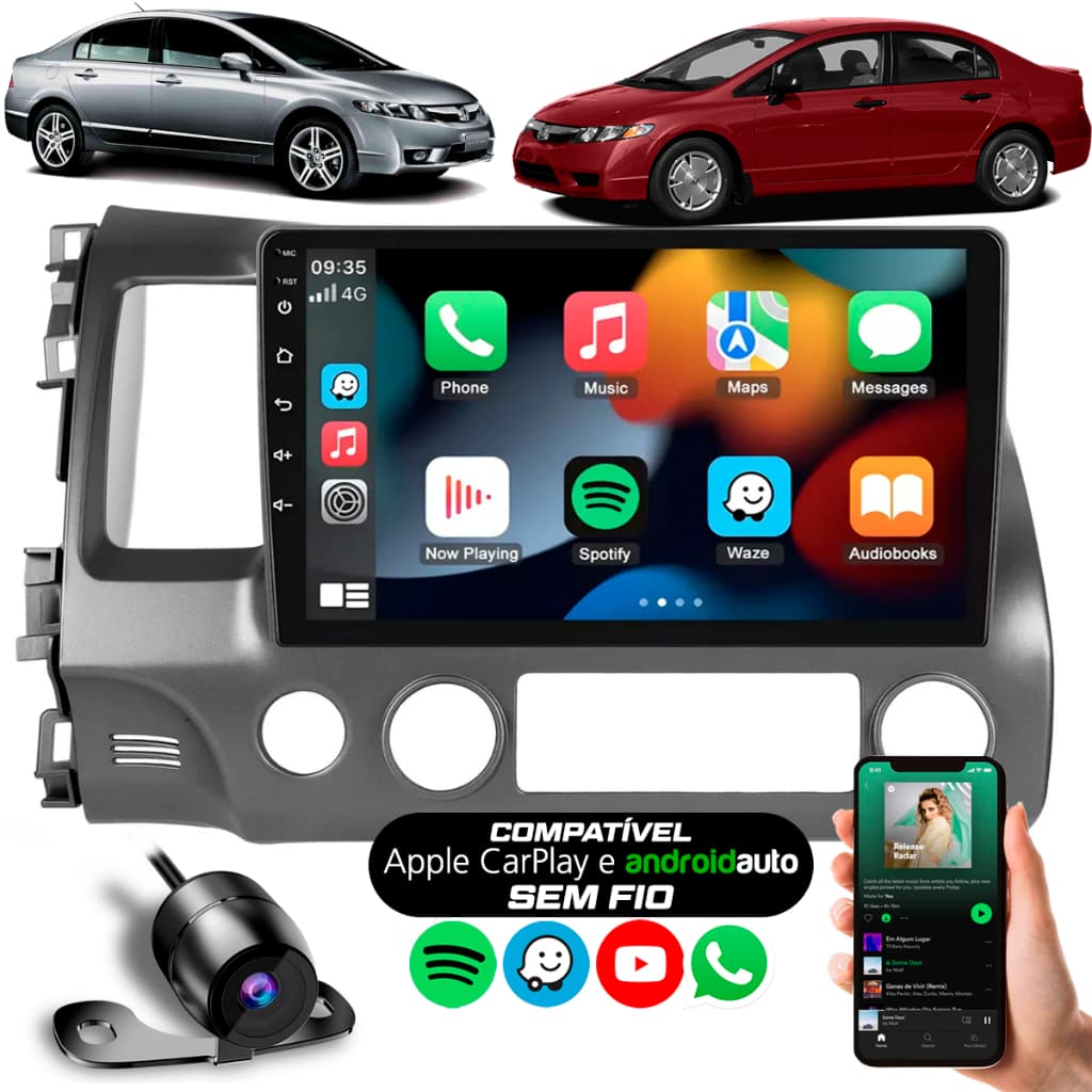 Central Multimídia Civic G8 9 Polegadas Carplay Android Auto Espelhamento de Celular Bluetooth + Câmera Ré +moldura