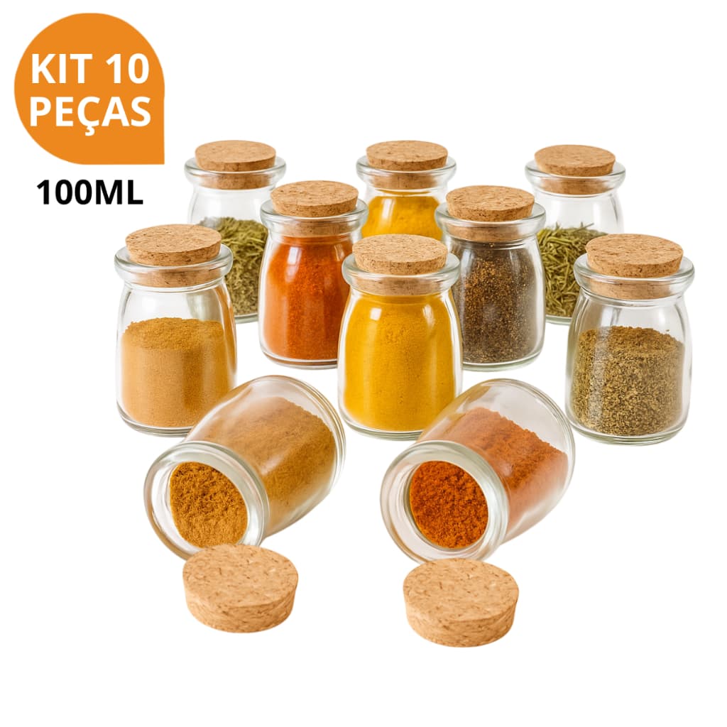 Kit 6/10 Potes de Vidro 100ml para Temperos – Organizador Prático, Durável e Ideal para sua Cozinha