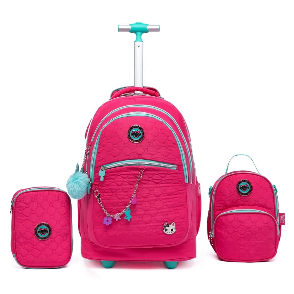 Kit Mochila Rodinha Lancheira Estojo Rosa Feminina Material Reforçado Escolar