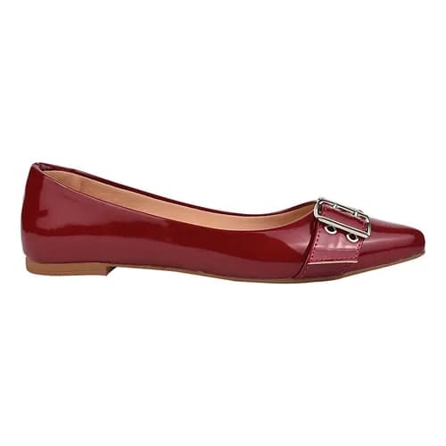 Sapatilha Feminina Sapato Salomé Slingback Bico Fino Verniz Confortável Com Fivela Preto / Marsala