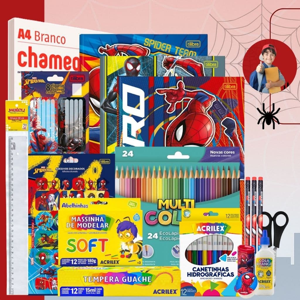 Kit Material Escolar Spider Man Volta As Aulas 72 itens Completo Ensino Fundamental ou Infantil