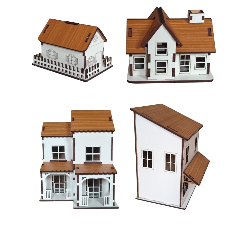 Kit de Casinhas Decorativas Brancas com Caramelo – MDF para Presépios, Maquetes e Vilas Natalinas