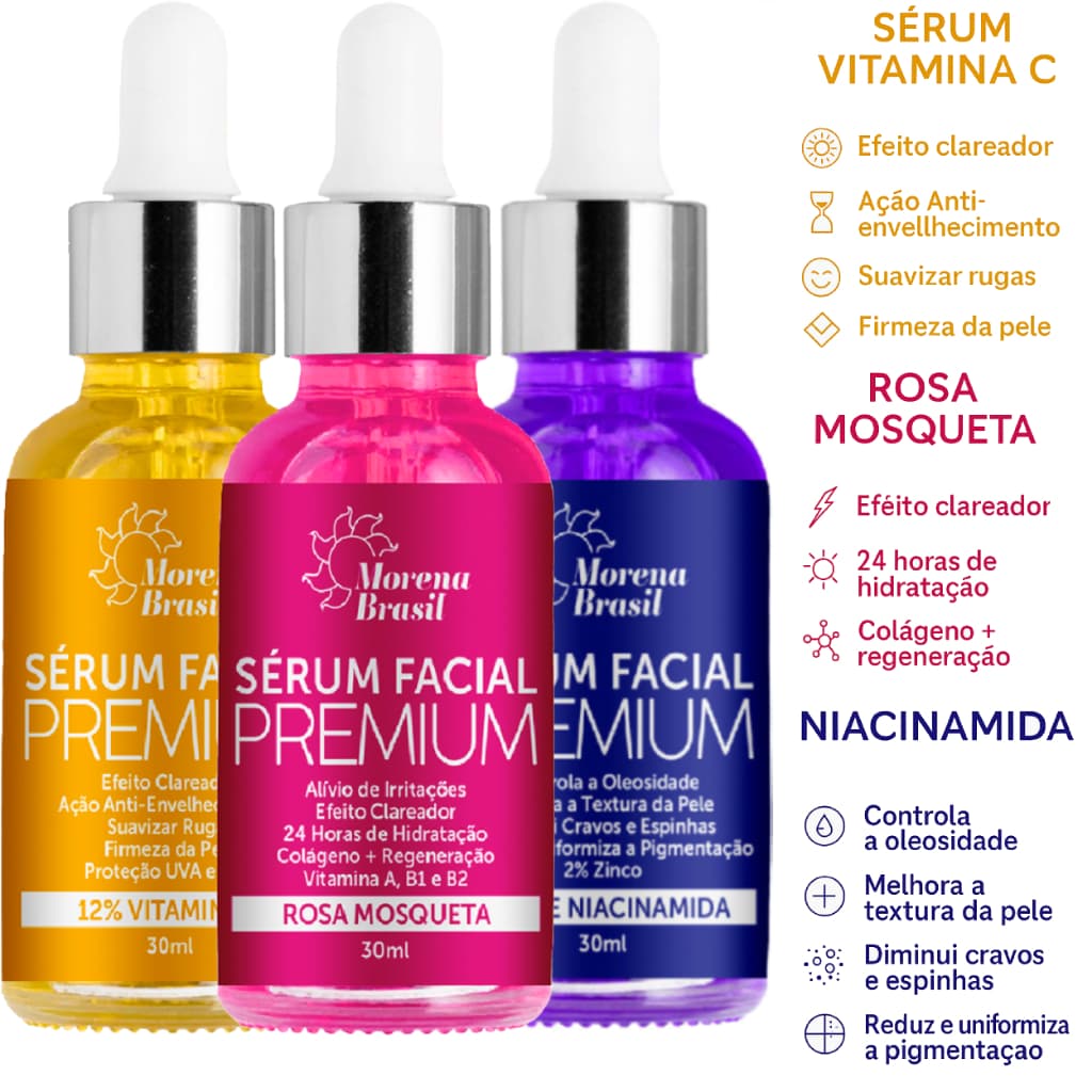 KIT 3X SÉRUM PREMIUM | ROSA MOSQUETA + VITAMINA C-10  NIACINAMIDA