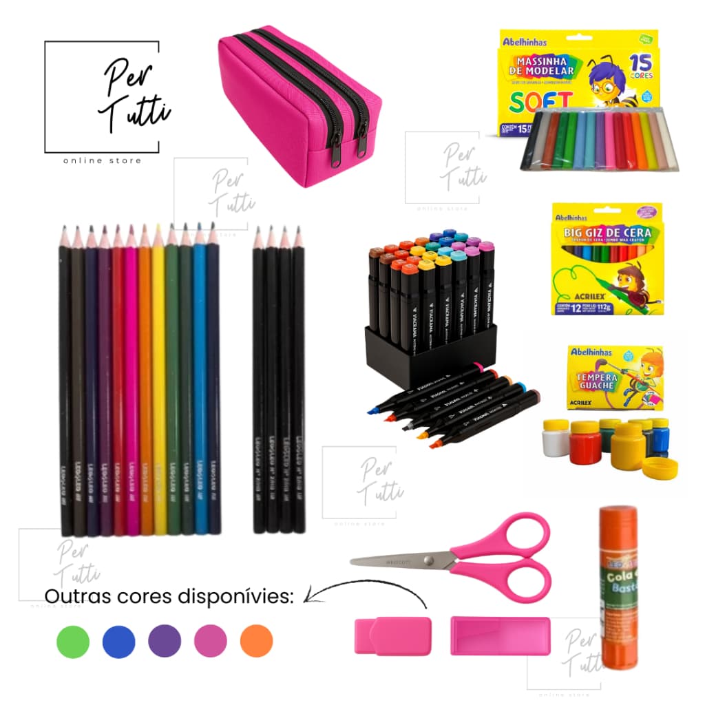 Kit Material Escolar Completo Com Tintas Lápis Estojo Borracha Apontador Canetinhas