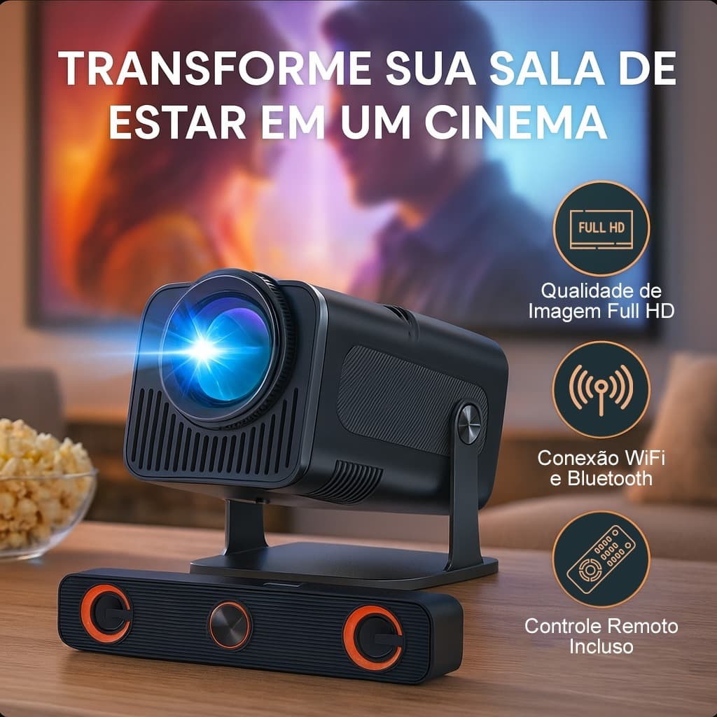 Projetor Smart 4K Portátil HY320 Original Android Full HD, Wifi e Bluetooth + Soundbar Som de Cinema