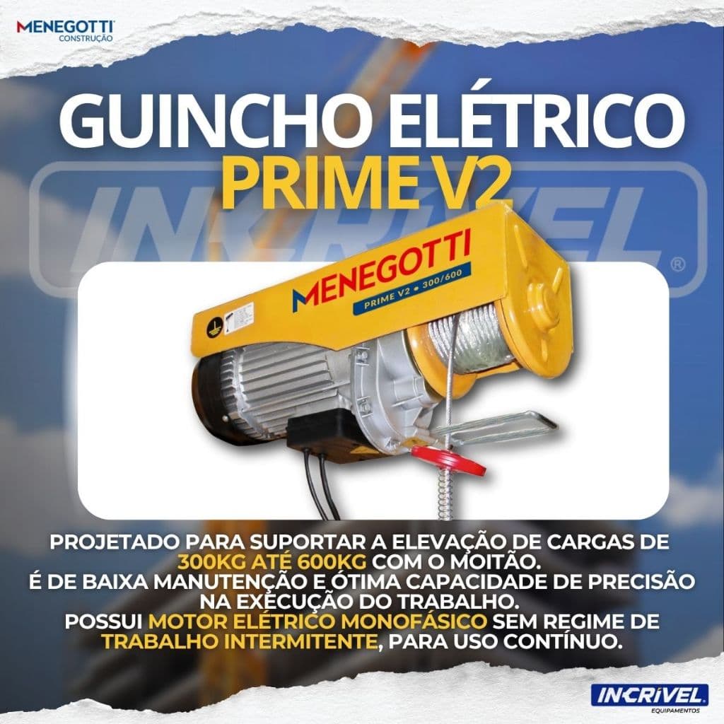 Guincho Elétrico Menegotti Coluna Uso Profissional 300 / 600 KG Carga Elevação Obras Reformas Casa