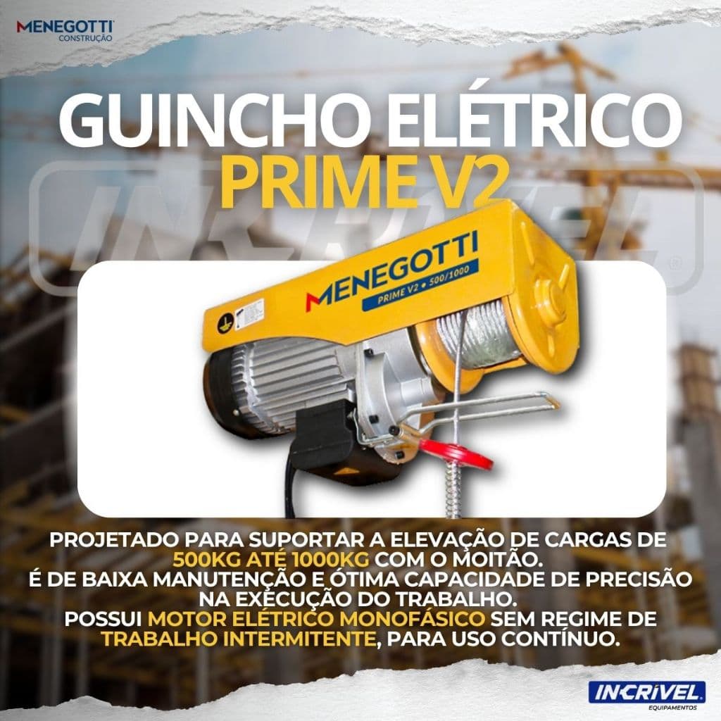 Guincho Elétrico Menegotti Coluna Uso Profissional 500/1000 KG Carga Elevação Obras Reformas Casa