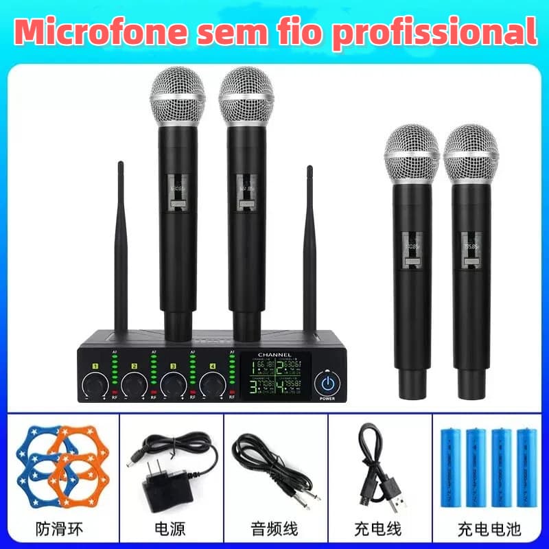 Microfones Sem Fio  Com 4 microfone KTV, palco, conferência, karaokê em casa microfone profissional 4 canais byz-d-69