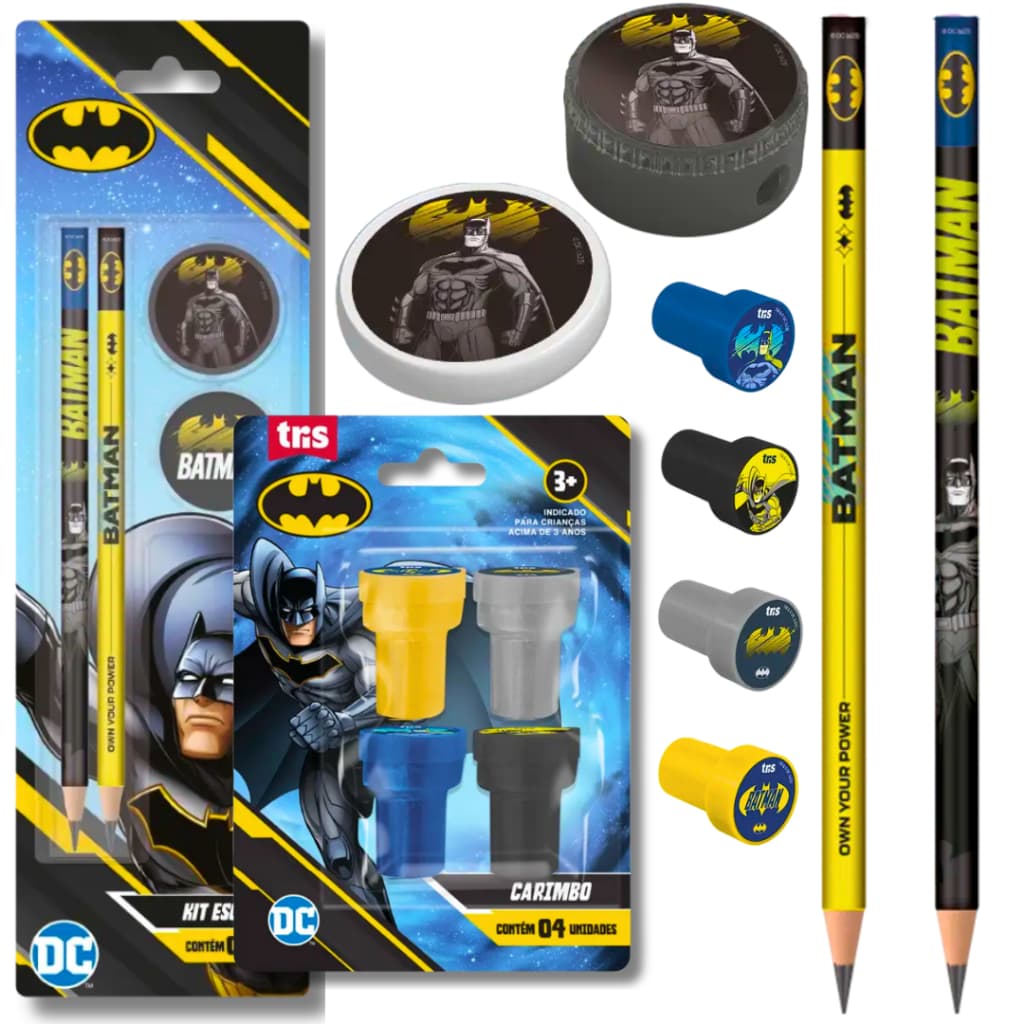 Kit Escolar Batman  Material Escolar Infantil Personalizado Volta às Aulas Com Lápis Borracha Apontador Carimbos