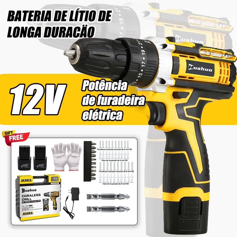 Furadeira de Impacto Sem Fio 12V - Kit Completo com 2 Baterias, Bits para Madeira/Metal, Ideal para Casa e Profissionais