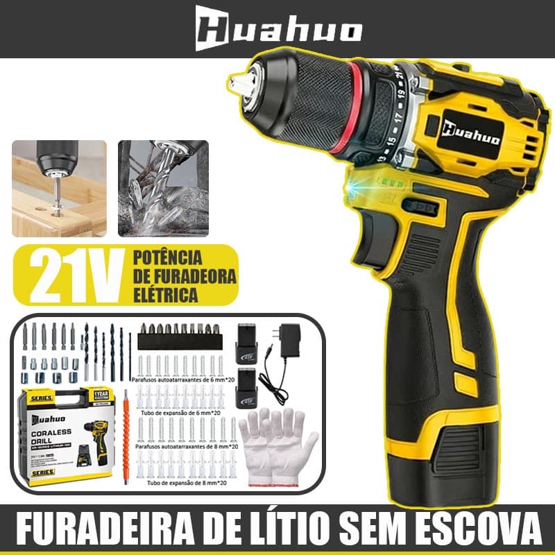 Parafusadeira elétrica com furadeira de lítio 2 em 1 de 21V 700W 2 Baterias   e  Kit Parafusadeira Elétrica（110V-220V）