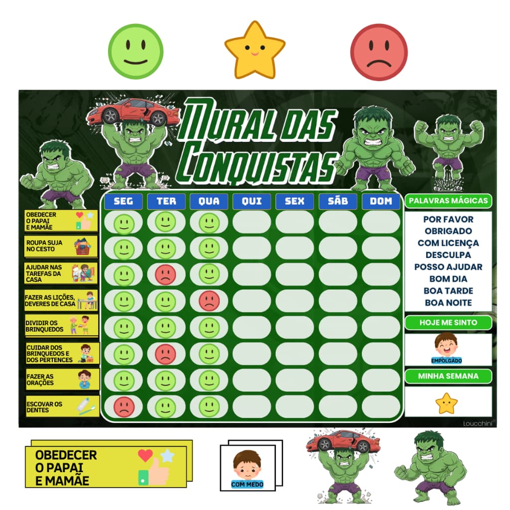 Mural Das Conquistas Infantil Com Tema Hulk– Rotina  E Tarefas diarias 30x22cm Para Geladeira