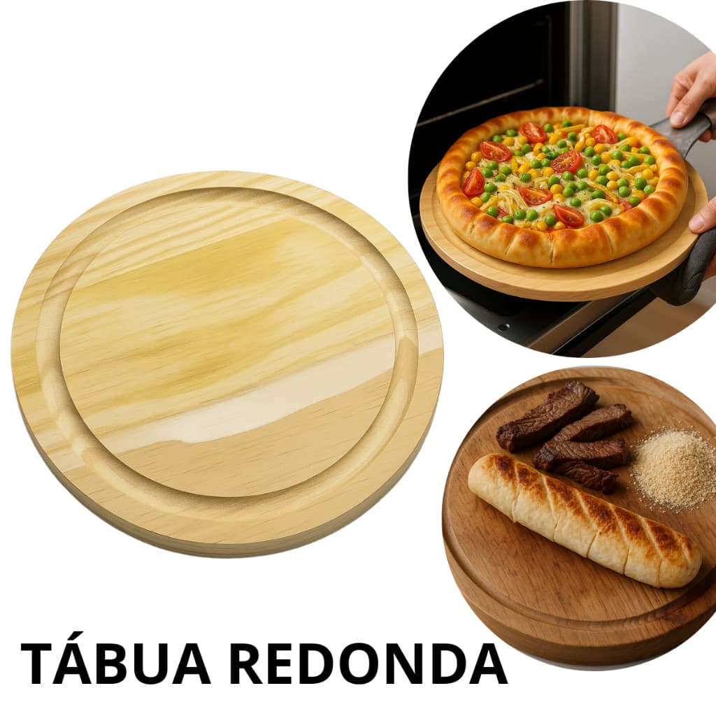 Tábua Redonda de Madeira Pinus para Corte e Servir Frios, Petiscos, Alimentos e Uso Diário