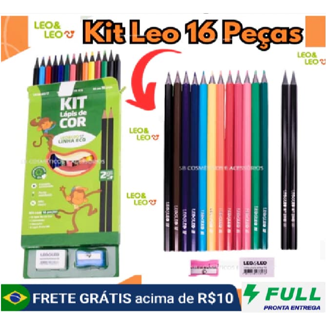 Kit Escolar 12 Lápis De Cor +1 Borracha + 1 Apontador + 2 Lápis Leo & Leo 16 Unidades- Volta As Aulas 2026 - volta aulas