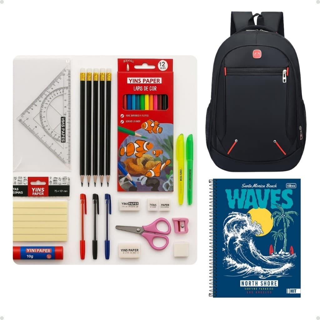 Kit Material Escolar com Mochila e Caderno Escolar