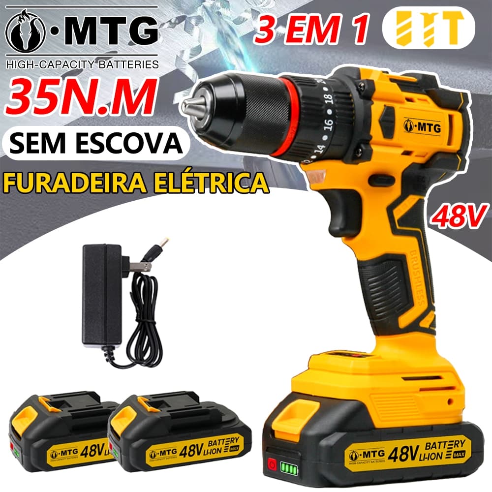 Furadeira De Impacto Sem Escova 21V WJ110 35N·m De Torque + 2 Baterias 48V Com Visor