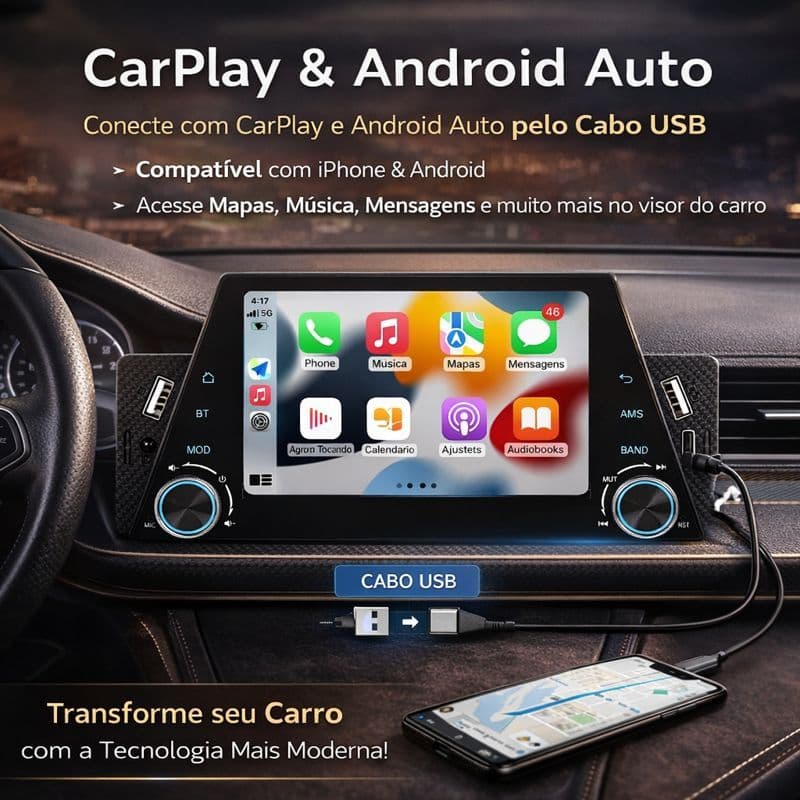 Central Multimídia MP5 5" 1Din Tela Touch Bluetooth Android Auto CarPlay MirrorLink com câmera de ré