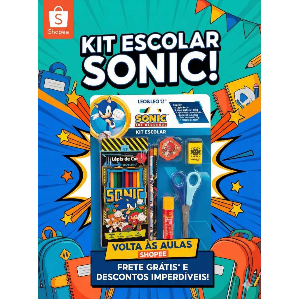 Kit Sonic Material Escolar Volta as Aulas com Lapis de Cor Tesoura Apontador Borracha e Lapis