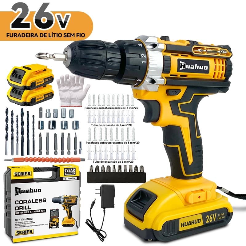 Furadeira Parafusadeira 26V 2 Baterias Sem Fio Impacto Com Maleta Completo Broca Bits Maleta Vonder (110V/220V)