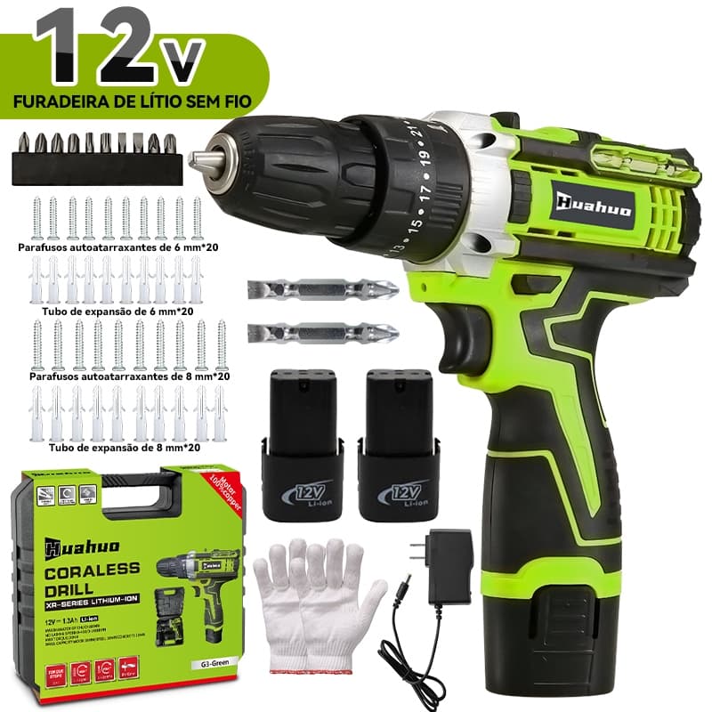 Parafusadeira Furadeira 12V 2 Baterias Sem Fio Impacto Com Maleta Completo Broca Bits Maleta Vonder (220V)