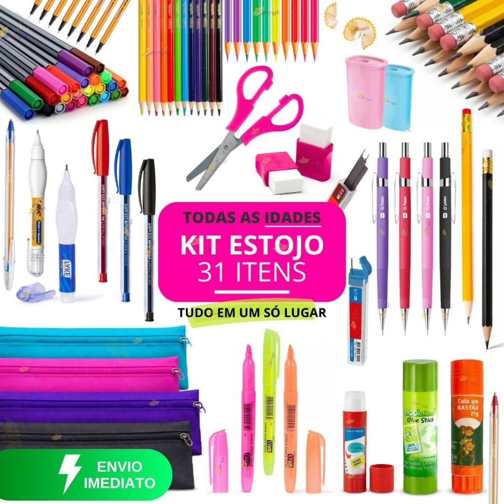 Estojo Escolar Feminino Material Escolar Completo Lapis de Cor Canetas Coloridas Kit Marca Texto