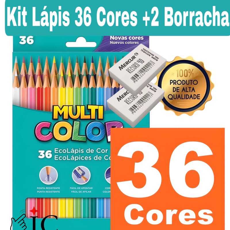 Lápis Ecolápis de Cor Multicolor Original 36 Cores+ 2 Borracha Material Escolar Pintura Volta às Aulas Promoção