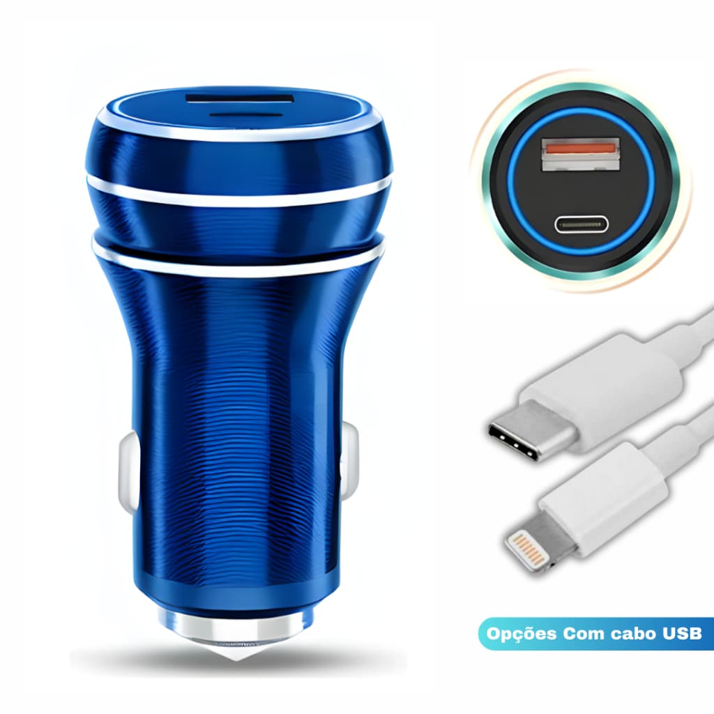 Carregador Veicular Turbo para Celular e Tablet Tipo C + USB 3.4A Carregamento Rápido