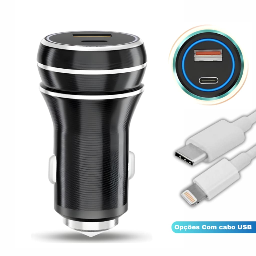 Carregador Veicular Turbo 3.4A  Carregamento Rápido com Entrada USB e Tipo C Universal