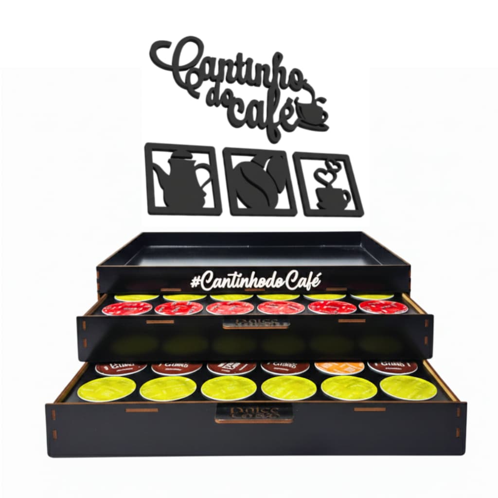 Bandeja Dolce Gusto 48 Cápsulas Preta Grande Placa Cantinho do Café 4 Peças Suporte Cafeteira Xícara