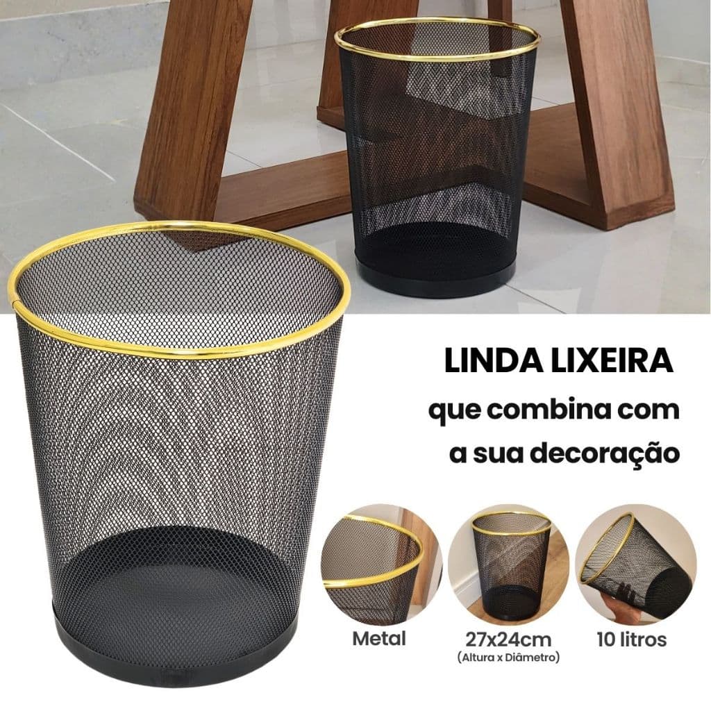 Lixeira Office Aramada Preta com Borda Dourada 10L Lixeira de Escritório Metal Preta Moderna Dourada