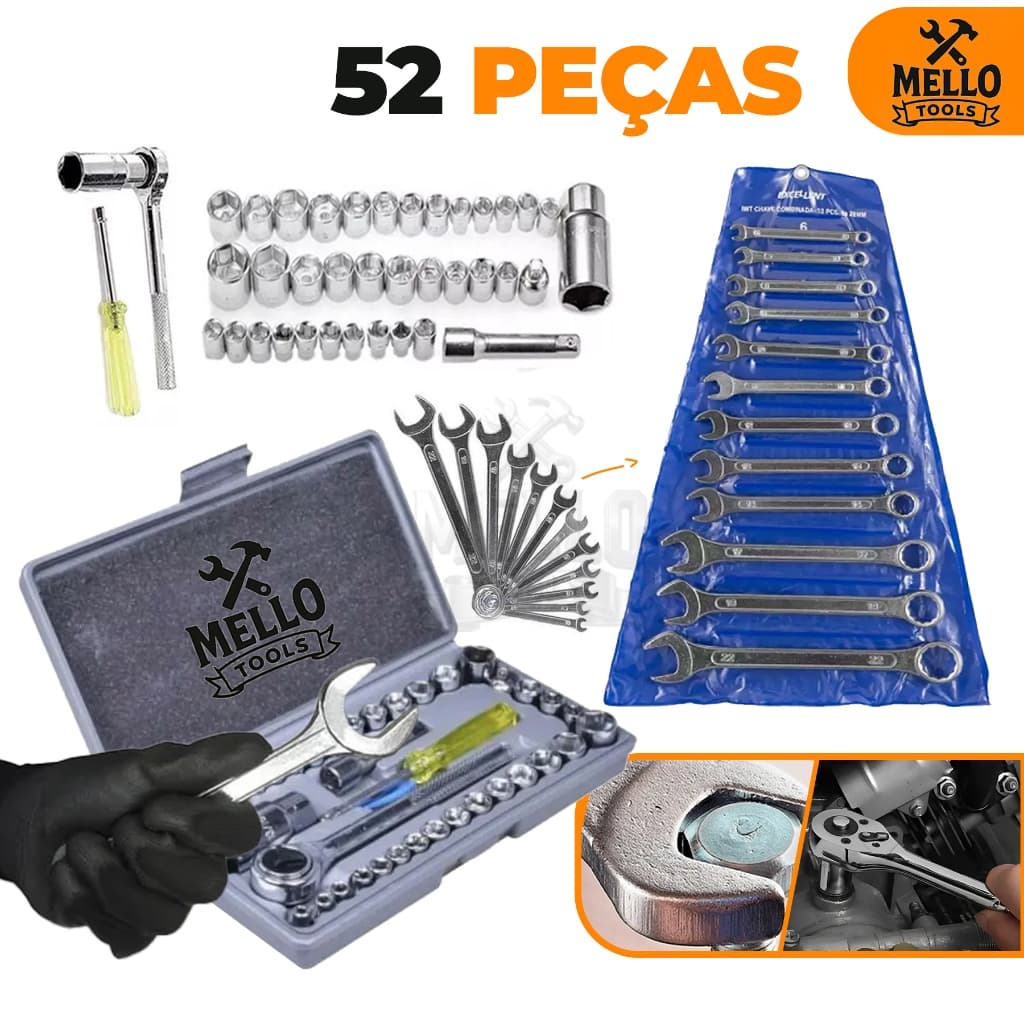 Kit Jogo de Ferramentas 52 Peças com Catraca e Chaves Combinadas – Kit Completo Profissional Mello Tools