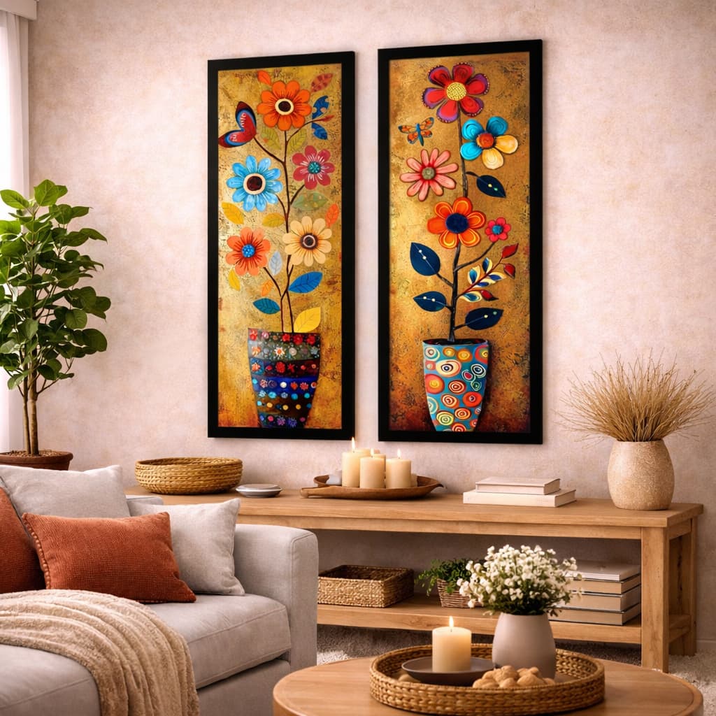 Kit 2 Quadros Decorativos Florais Coloridos Ambiente Moderno e Aconchegante, vasos, flores, pintura