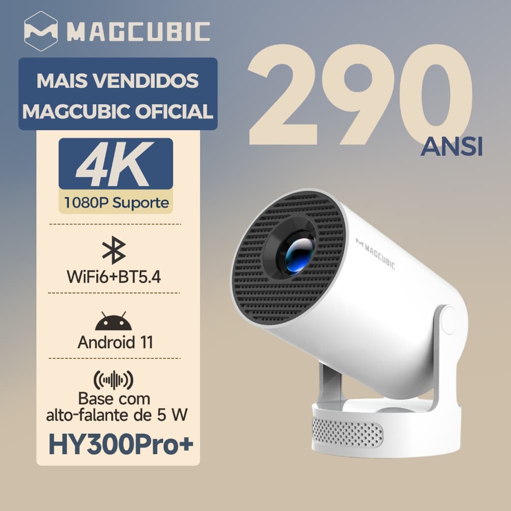 MAGCUBIC HY300 Pro+ Projetor Portátil Android 11 WiFi6 290ANSI 4K 1080P Suporte Giratório 180° BT5.4