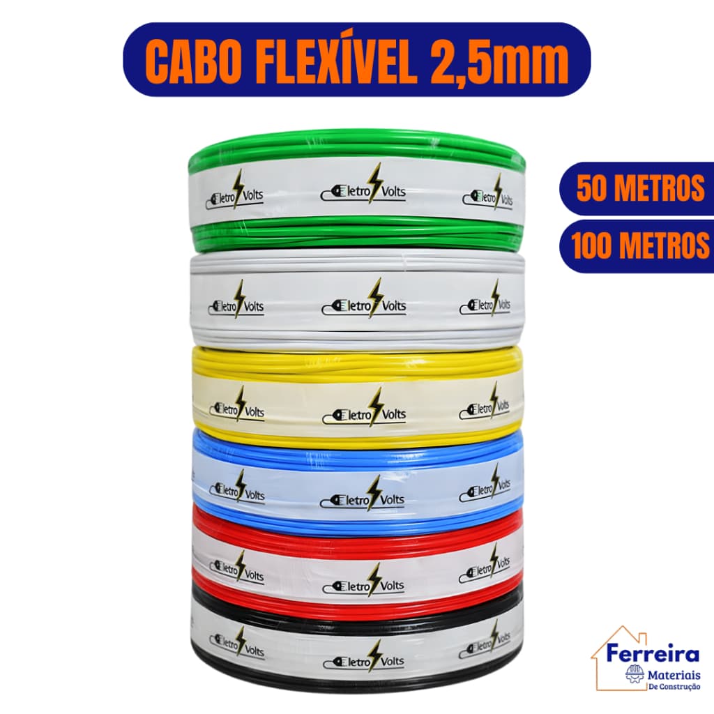 Cabo Elétrico 50/100 Metros Antichamas 2,5mm Fio Flexível 750v 10A