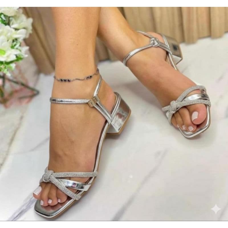 MEGA promoção queima de estoque envio imediato Sandália feminina salto baixo bloco Tira de Strass Brilho Confortável