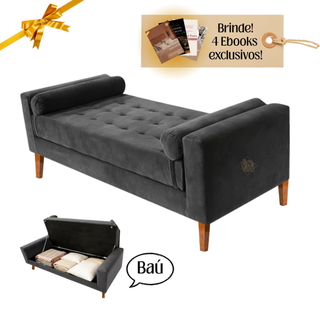 Baú Recamier Divã Botonê Suede Banco Estofado com Baú para Quarto Sala madeira Puff