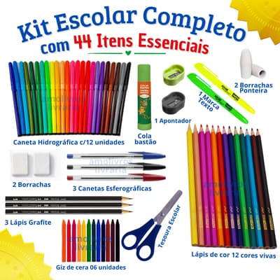 Kit Material Escolar Completo: Lápis de Cor, Canetinhas, Apontador, Cola, Marca Texto e mais...
