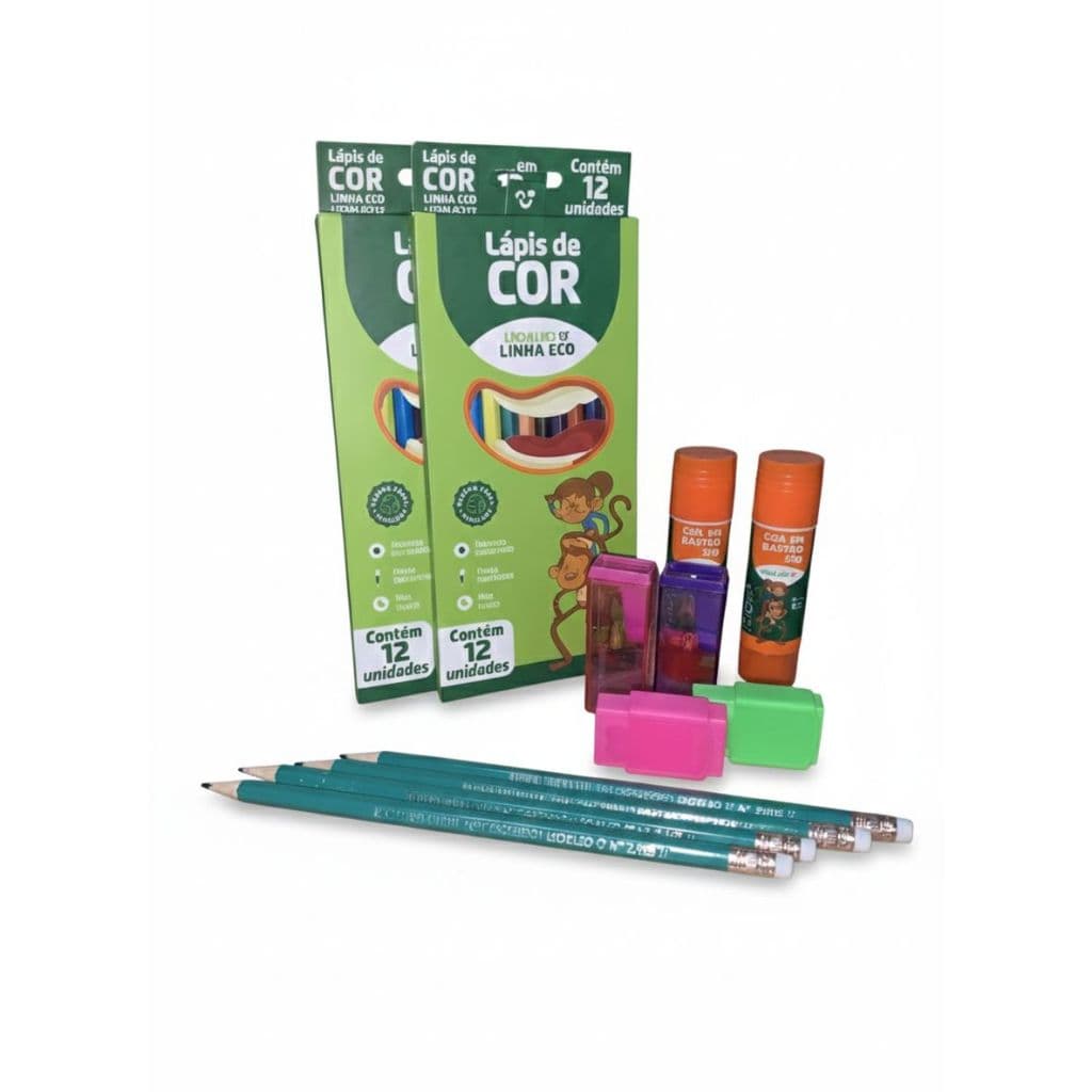 KIT Volta as Aulas Simples Lapis de cor + lapis grafite + Borracha + Apontador + Cola