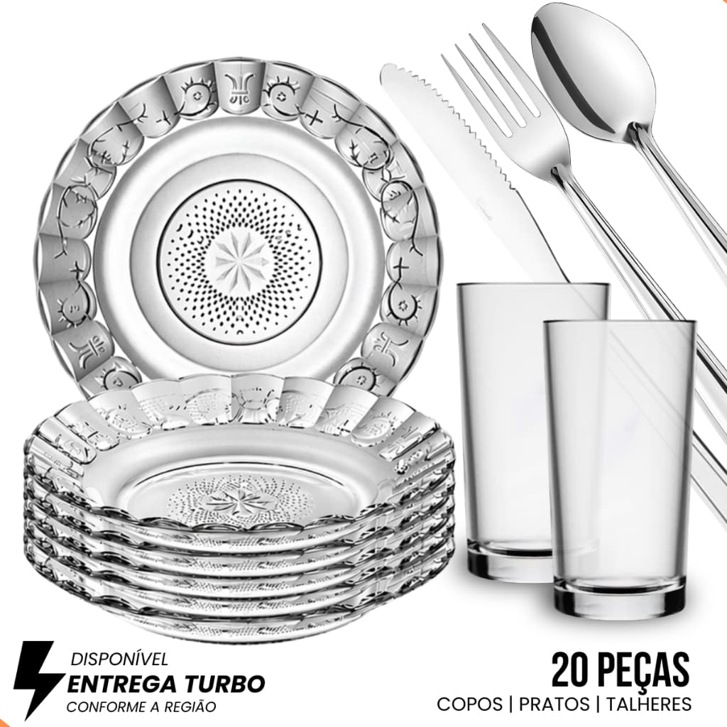 Aparelho de Jantar 20 Peças Mesa Posta com Pratos, Copos de Vidro e Talheres Inox