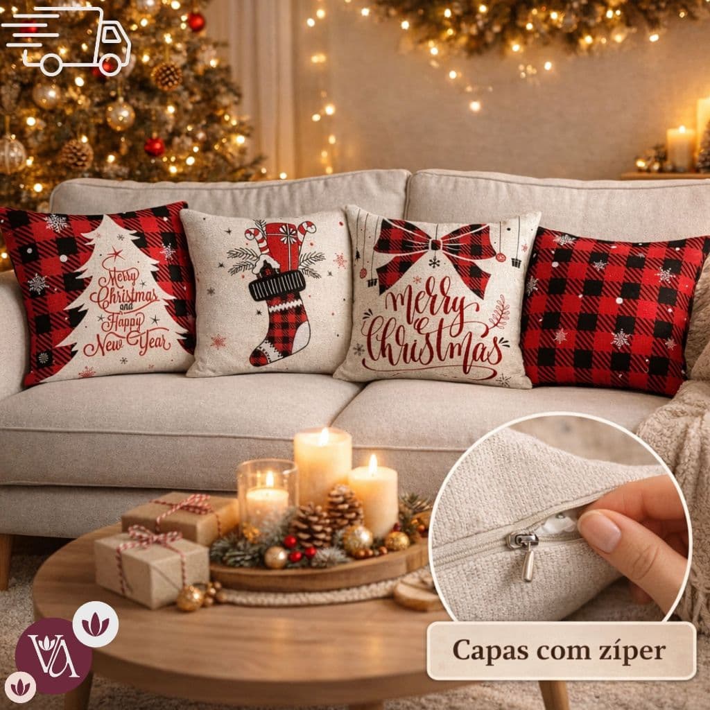 Kit 4 Capas de Almofada Para O Natal 45x45 - Diversas Estampas de Natal Promoção