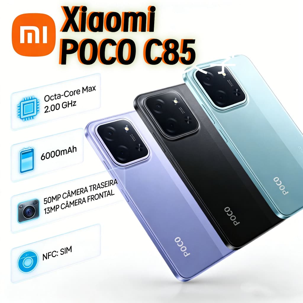 Xiaomi Poco C85 NFC 4G 128GB+6GB Smartphone Tela 6.9" HD+ Bateria 6000mAh Dual SIM Celular Desbloqueado Versão Global