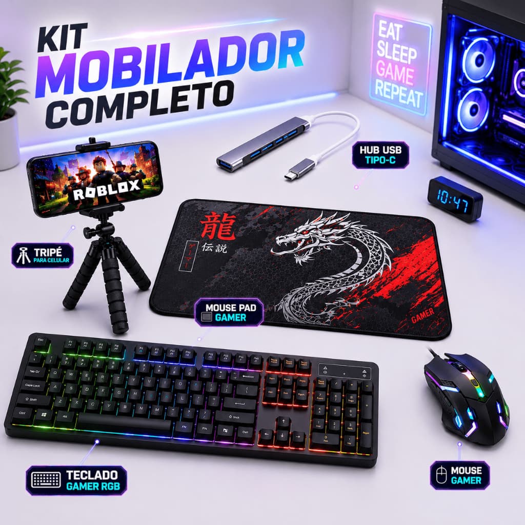 Kit Mobilador Gamer Para Celular One Hand RGB Teclado Mouse + Mouse Pad Hub USB C Tripé OTG Android
