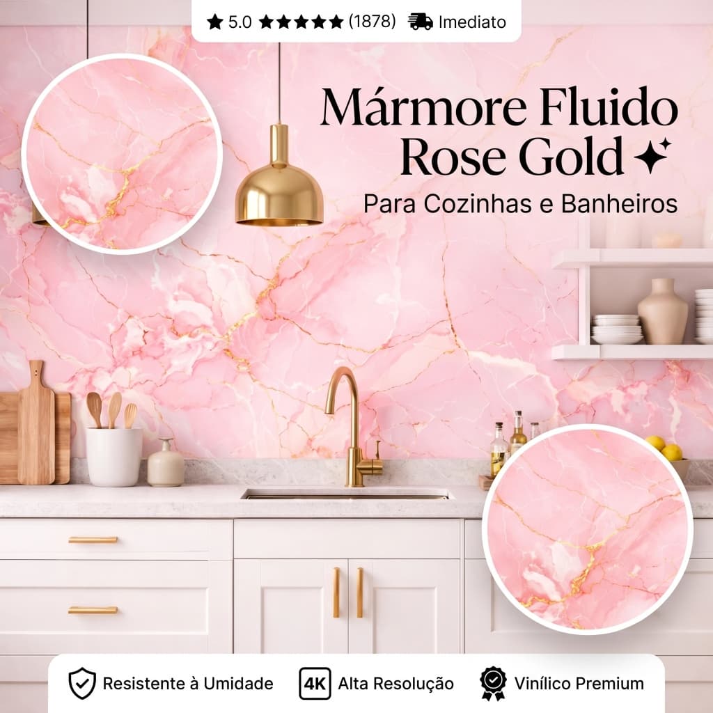Papel de Parede Autocolante Marmorizado Rosa 50cm | Adesivo p/ Quarto Sala Cozinha Envelopar Móveis